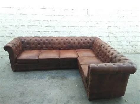 L-Shape Wood Leather Chesterfield Corner Sofa, 5 Seater at Rs 65000 ...