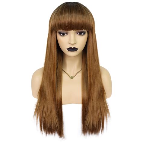 Inch Long Brown Straight Wig Synthetic Wig With Bangs For Women Pc