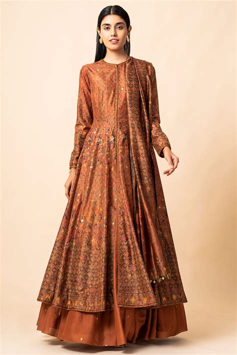 Buy Ekaya Orange Handwoven Banarasi Silk Anarkali Lehenga Set Online