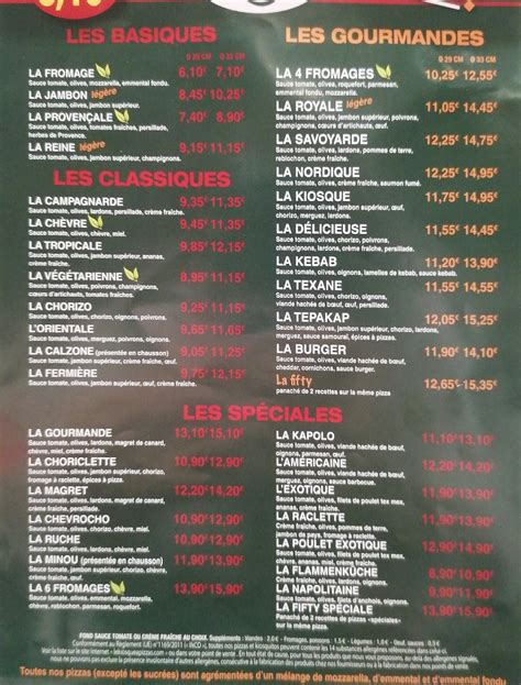 Menu at Le Kiosque à Pizzas pizzeria La Réole