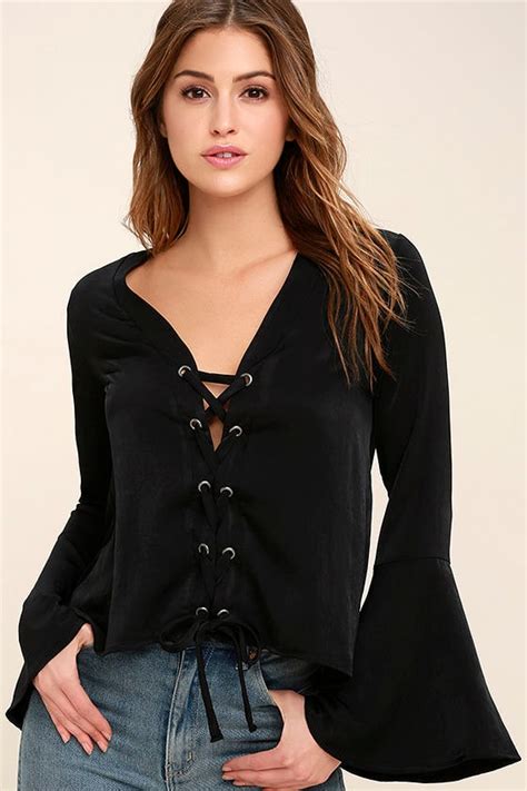 Lovely Black Top Long Sleeve Top Lace Up Top Satin Blouse 43