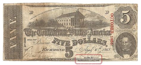 1863 5 Dollar Bill Confederate Currency Note Civil War Era Paper Money