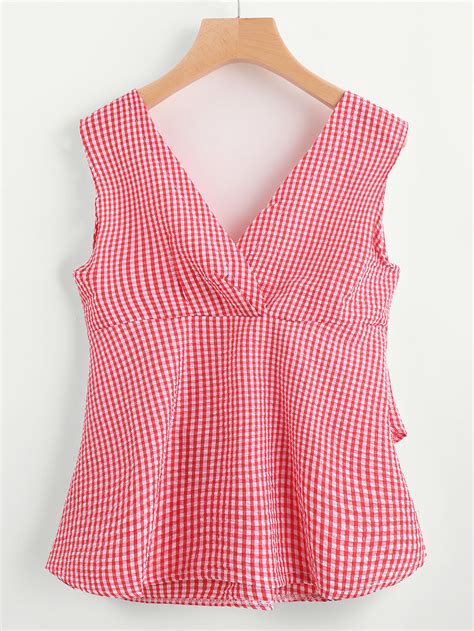 V Neckline Bow Tie Waist Gingham Dip Hem Top Shein Sheinside