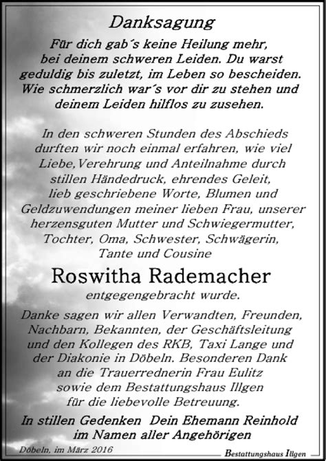 Traueranzeigen Von Roswitha Rademacher Trauer Anzeigen De