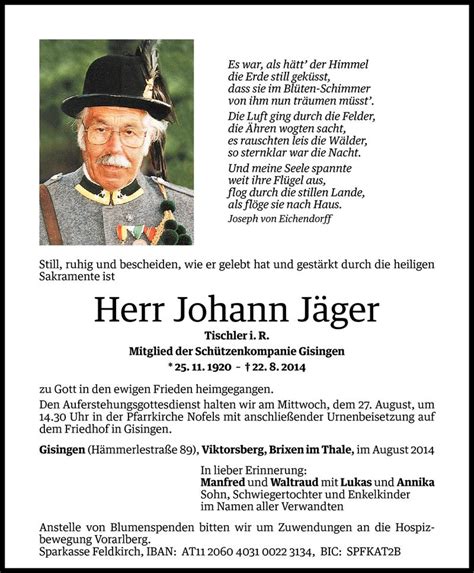 Todesanzeigen von Johann Jäger Todesanzeigen Vorarlberger Nachrichten