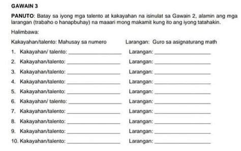 GAWAIN 3 PANUTO Batay Sa Iyong Mga Talento At Kakayahan Na Isinulat Sa