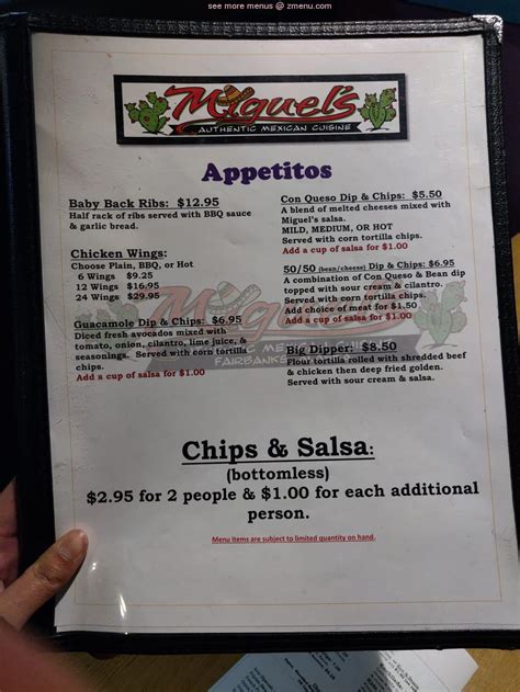 Menu at Miguel's Authentic Mexican Cuisine restaurant, Fairbanks