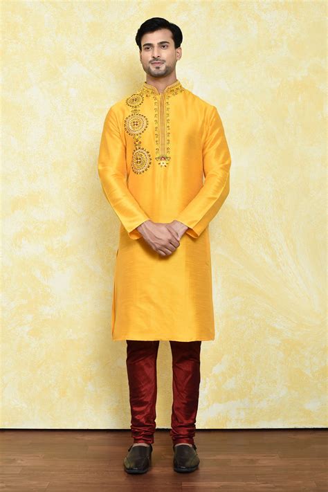 Buy Yellow Art Silk Embroidery Thread Geometric Kurta Set For Men By