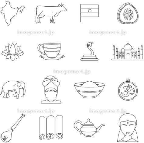 India Travel Icons Set Outline Style