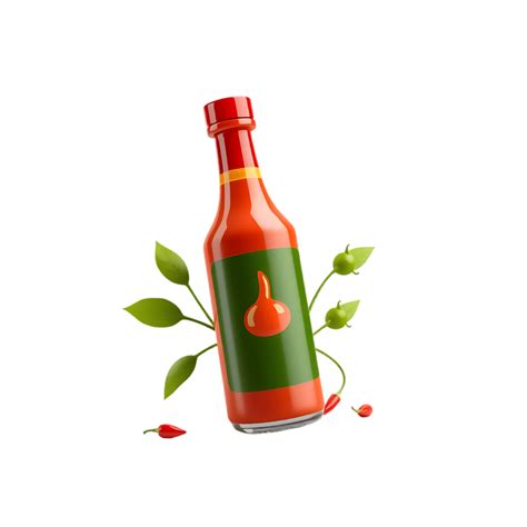Red Hot Sauce Bottle With Chili And Leaves PNG