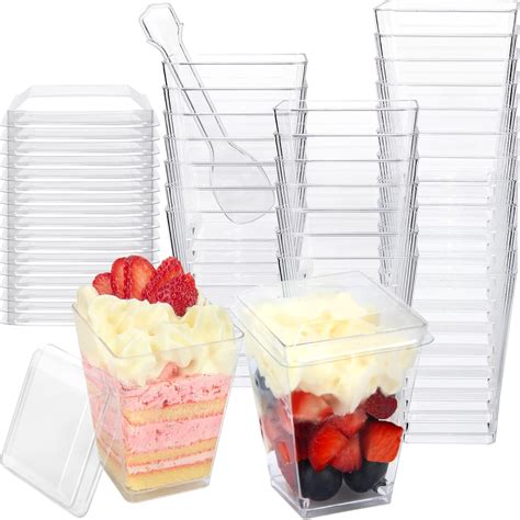 Lex Store 50 Pack 5 Oz Plastic Dessert Cups With Lids And Spoons Clear Parfait Cups