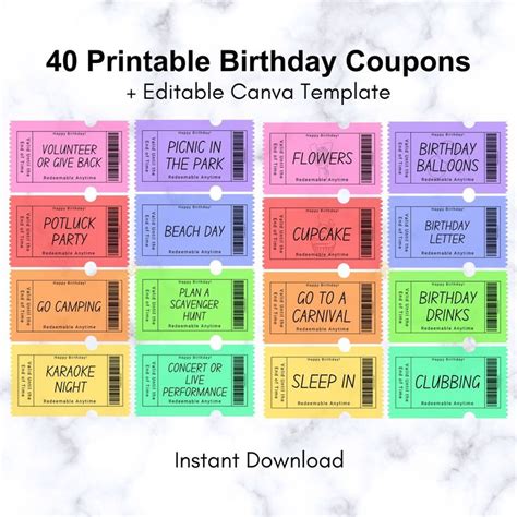 40 Printable Birthday Coupons Birthday Vouchers Birthday Gift Ideas