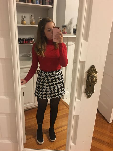 Red Turtleneck With Bandw Patterned Mini Skirt