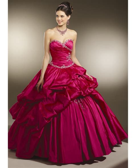 Magenta Sweetheart Strapless Floor Length Ball Gown Taffeta Quinceanera Dress With Beadings And