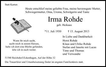 Traueranzeigen Von Irma Rohde Wirtrauern