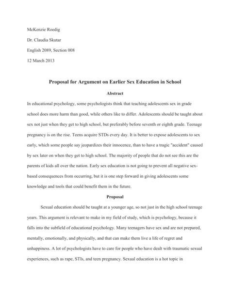 Proposal For Argument On Earlier Sex Education In