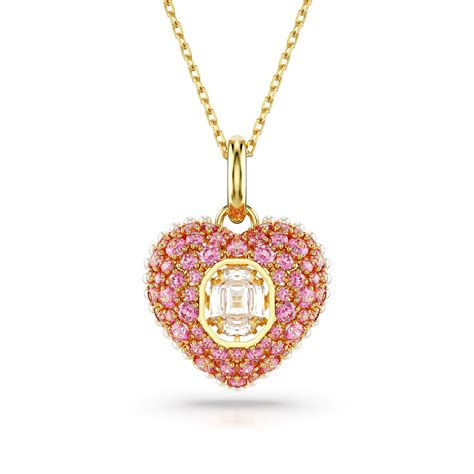 Swarovski Jewelry Octagon Pink Crystal Pearls And Gold Heart Hyperbola Pendant Necklace