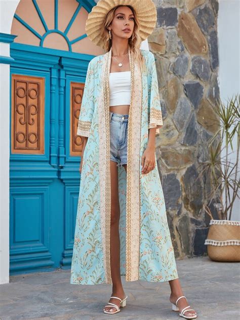 SHEIN Swim BohoFeel Kimono Con Lazo Con Estampado De Plantas Moda De