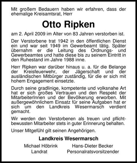 Traueranzeigen Von Otto Ripken Nordwest Trauer De