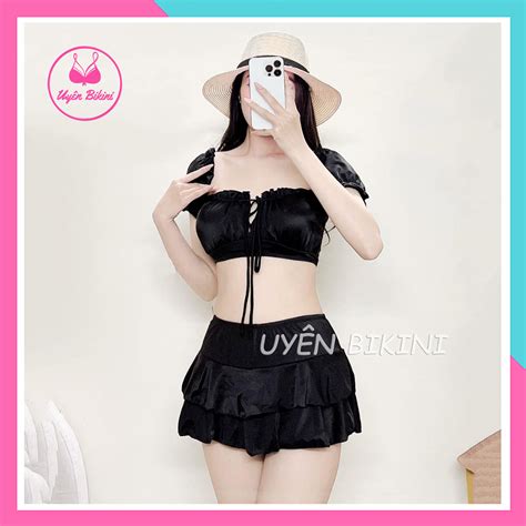Đồ bơi áo tắm bikini hai mảnh áo croptop trễ vai mặc được kiểu phối chân váy tầng đi biển