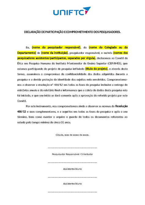 10 Modelo de Termo DE Comprometimento E Declaração DECLARAÇÃO DE