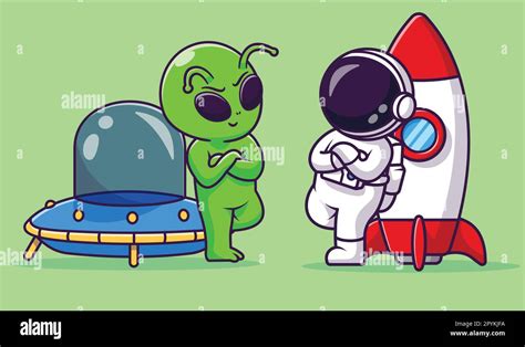 Cute Astronaut Alien Holding Helmet With Spaceship Ufo Cartoon Vector