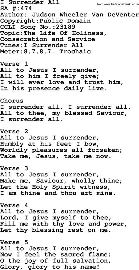 Salvation Army Hymnal Song: I Surrender All, with Lyrics and PDF