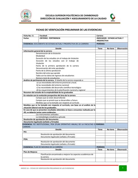 Fichas De Verificaci N Preliminar De Las Evidencias