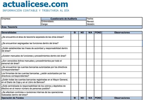 Formato Cuestionario de Auditoría para Área de Tesorería