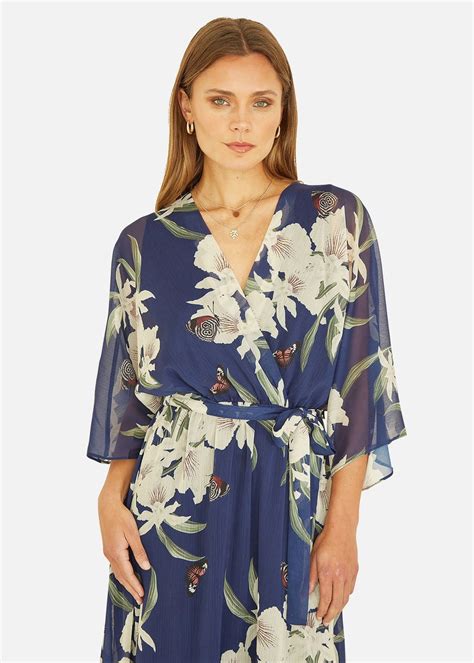 Yumi Floral Print Navy Kimono Midi Wrap Dress Matalan