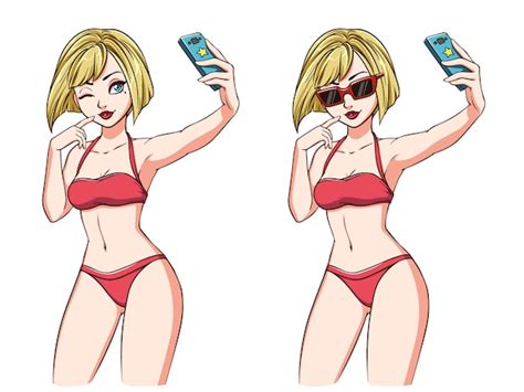 Chica de dibujos animados toma una selfie chica rubia en traje de baño