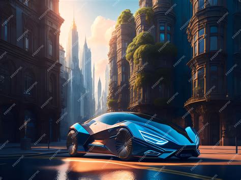 Premium Ai Image A Blue Futuristic Car Is On The Road