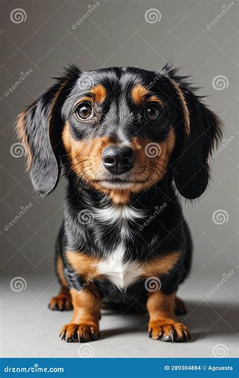 Adorable Dachshund Puppy Dog In Spotlight Front View Portrait Stock