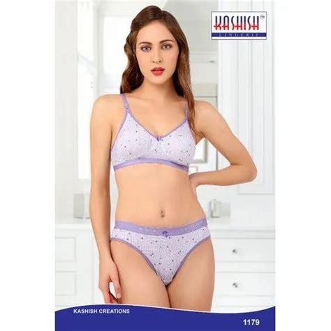 Hosiery Cotton Purple White Kashish Dotted Printed Bra Panty Set At Rs