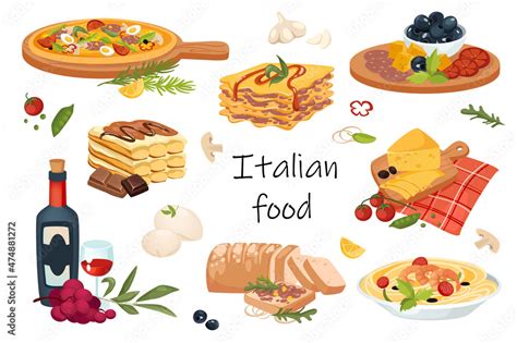 Italian food elements isolated set. Bundle of traditional dishes - pizza, lasagna, spaghetti ...