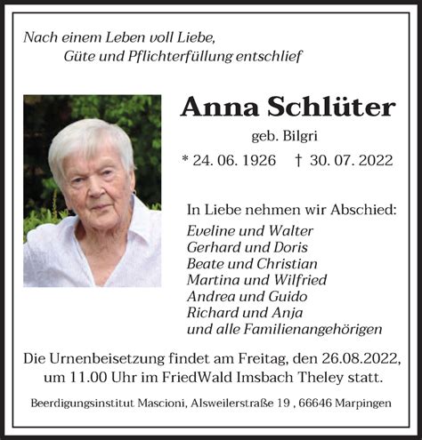 Traueranzeigen Von Anna Schl Ter Saarbruecker Zeitung Trauer De