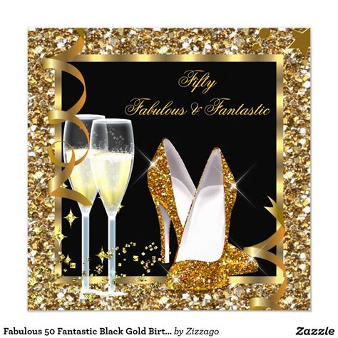 Fabulous 50 Fantastic Black Gold Birthday Party Invitation