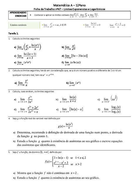 [mat12] Ficha 47 Limites Exponenciais E Logarítmicos Matemática A