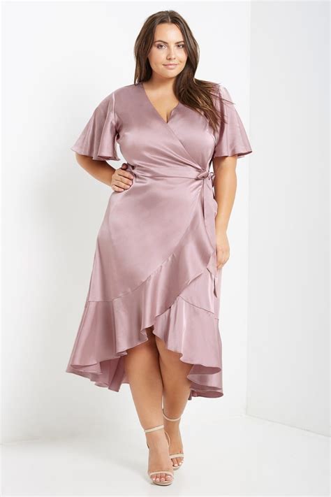 Dusty Pink Satin Wrap Midi Dress Plus Size At Canyla Ash Bouti