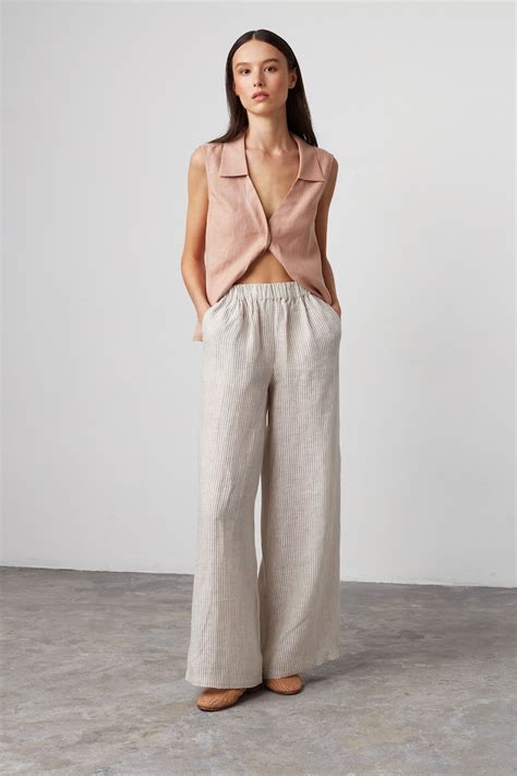 Pearl Wide Leg Linen Pants Elastic Waist Flowy Trousers Etsy