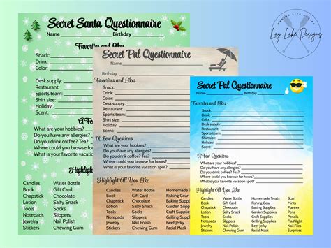 Secret Pal Questionnaire 10 Question Sheets For Secret Santa Teacher Pals And Office Co Workers