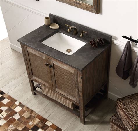 36" Rustic Rattan Single Sink Bathroom Vanity with Stone Top - HouseTie