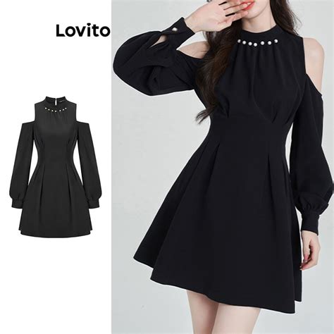 Lovito Women Casual Plain Cold Shoulder Pearls Dress L Ad Shopee