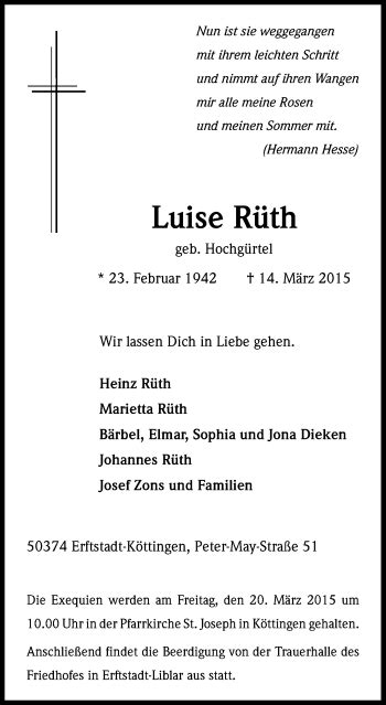 Traueranzeigen von Luise Rüth WirTrauern