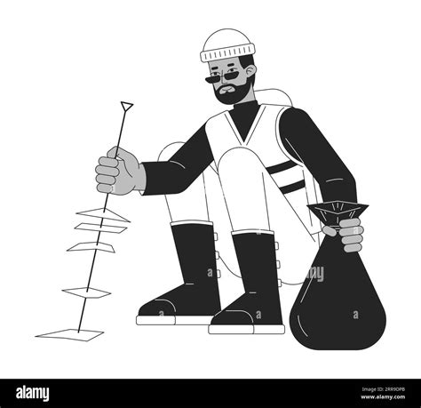 Man Picking Up Rubbish Flat Line Black White Vector Character Stock