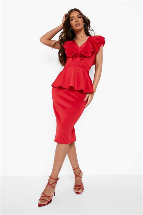 Bonded Scuba Peplum Ruffle Midi Dress Boohoo Uk