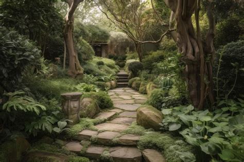 Premium Ai Image Serene Garden With Lush Foliage And Stone Pathways