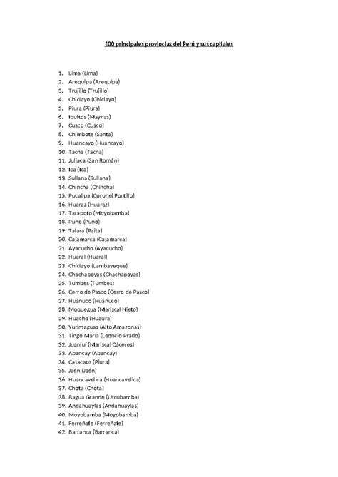 100 Principales Provincias y Capitales del Perú - Listado Completo