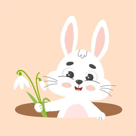 Cute White Bunny With Snowdrop In Hole Cartoon Vector Illustration