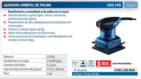 Lijadora Orbital De Palma Bosch GSS 140 220W 127V Con 3 Lijas TODO